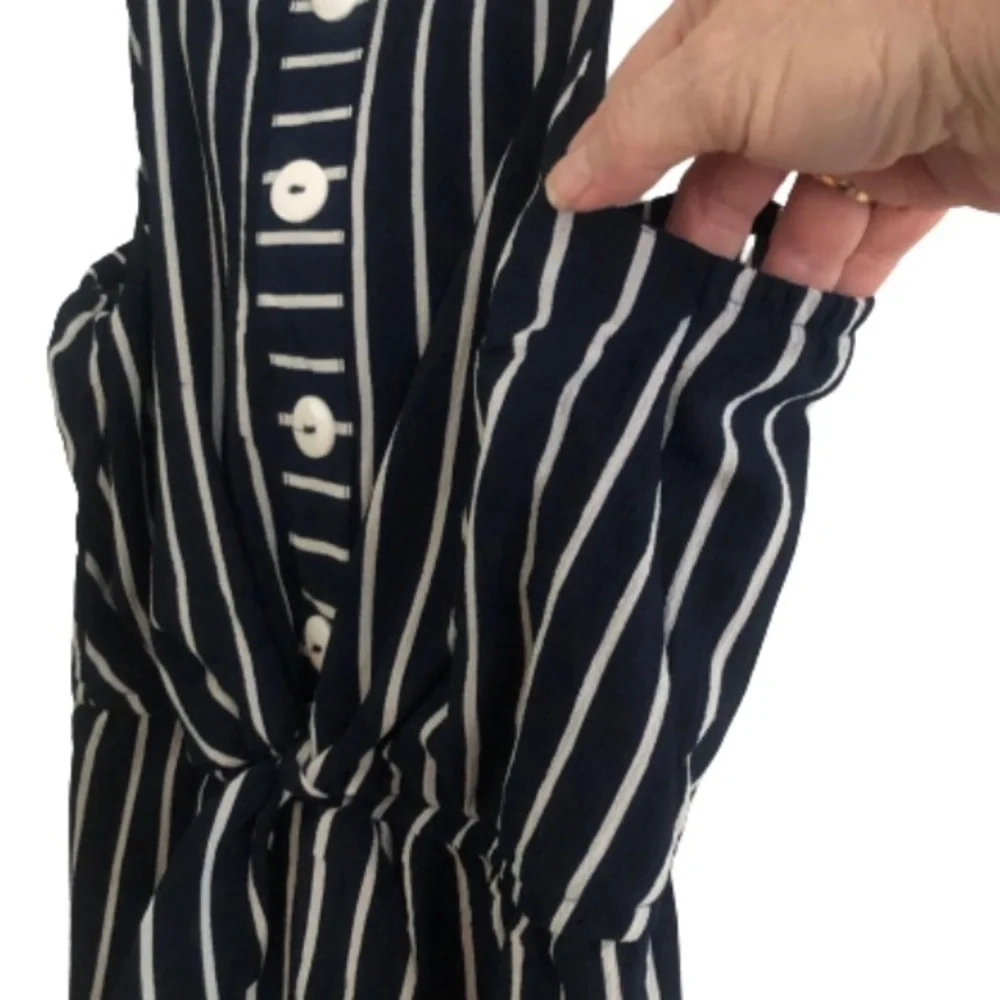 Nannette GIRLS SZ 16 navy w wht pinstripe jumpsuit w button detail & bow